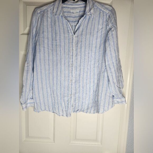 Charter Club PXL 100% LINEN Button Down RollUp LngSlv V- Neck Striped Womens Top - Picture 1 of 8